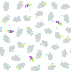 Seamless vector rainy pattern with clouds, thunder bolts and umbrellas. Wet weather background for fabric, textile, design, cover, banner. 