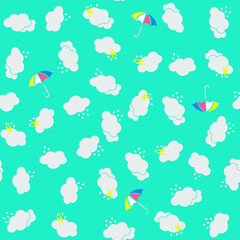 Seamless vector rainy pattern with clouds, thunder bolts and umbrellas. Wet weather background for fabric, textile, design, cover, banner. 