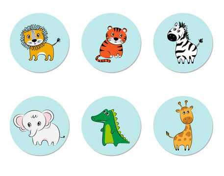 Set of round icons with cute animals character. Tiger, elephant, Zebra, lion, giraffe, crocodile. Children vector picture.