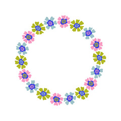 Simple vector flowers placed in a circle. Bright floral frame for greeting card