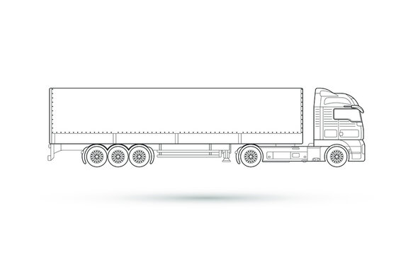 Tractor Trailer Icon. Isolated Technical Drawing. Thin Line Illustration Of Transportation. 10 Eps Design.