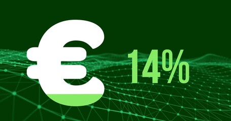 Euro currency symbol and increasing percentage against digital wave on green background - Powered by Adobe