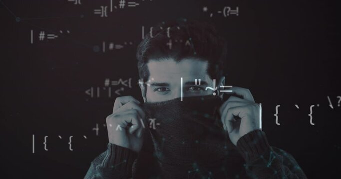 Mathematical symbols against man covering his face