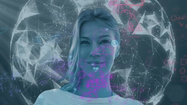 Mathematical diagrams over woman smiling against globe of plexus networks