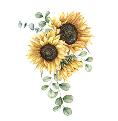 Watercolor autumn bouquet with sunflowers and silver dollar eucalyptus branches. Hand painted rustic card isolated on white background. Floral illustration for design, print, fabric or background.