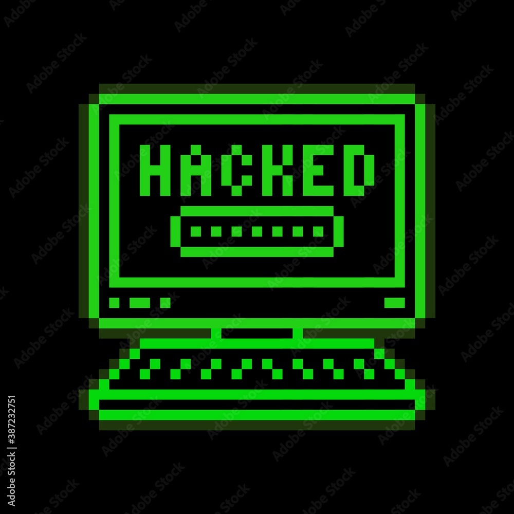 Poster pixel art 8-bit hacked computer. hacking account and password. message that you hacked - editable is