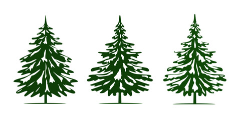 Green Spruce Trees and Snow. Winter season design elements and simply pictogram. Isolated vector xmas Icons and Illustration.