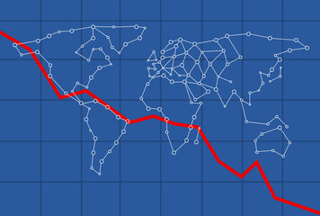 Illustration of a blank dot-connected world map on a blue background

