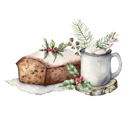 Watercolor Christmas card with cake and cocoa. Hand painted winter composition with berries and leaves isolated on white background. Holiday symbols. Seasonal trendy illustration for design or print.