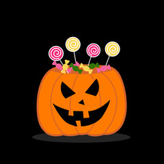 Halloween pumpkin bucket with candy, cute sweets for Halloween party. vector illustration