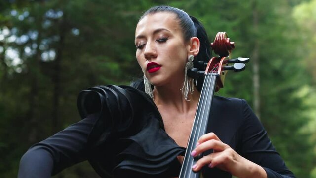 Girl playing cello outdoor. Beautiful young woman playing cello outdoors