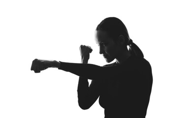 black and white silhouette portrait of woman, strike, defense concept