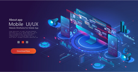Application UX of PC and phone with business graph and analytics data on isometric. Financial marketing isometric landing page. Digital business, online trading and investment, automation technology. 