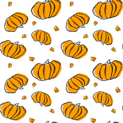 Illustration orange pumpkin with pieces free hand seamless pattern on white background.
