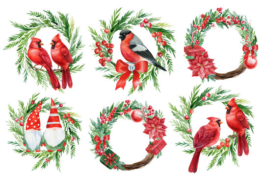 Merry christmas, set of festive wreaths on a white background, watercolor illustration