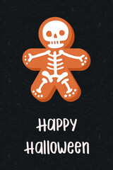 Cute Halloween greeting card with gingerbread. Vector stock ready-to-print illustration for postcard, poster, template for social media.