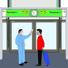 
Ilustración vectorial que muestra una parte de la nueva normalidad en tiempos de coronavirus, un hombre está en el aeropuerto siendo revisado por alguien del personal tomando su temperatura