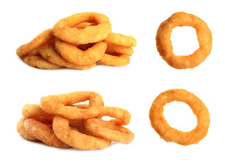 Set of fried onion rings on white background