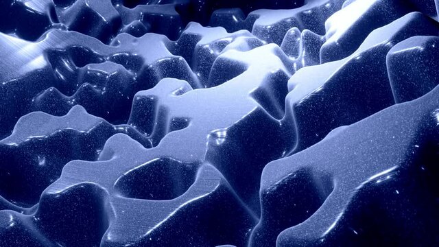 Stylish festive abstract black bg. Fantastical looped background, waves move on glossy surface like landscape made of liquid blue wax with sparkles. Beautiful soft background with smooth animation 4k