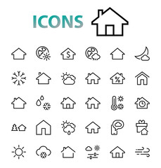 Simple set of line vector home icons. Contains house symbols at interest, infuse house and more. Editable stroke. 480x480 pixels perfect