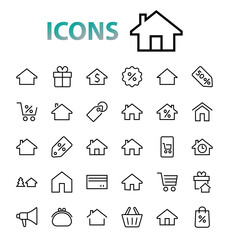 Simple set of line vector home icons. Contains house symbols at interest, infuse house and more. Editable stroke. 480x480 pixels perfect