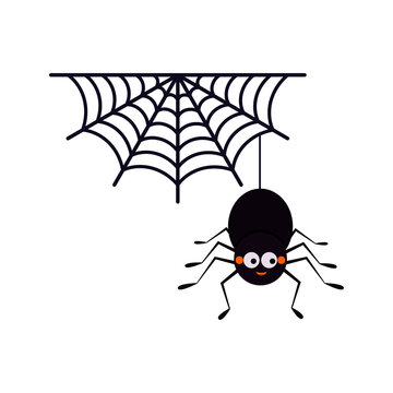 Cute spider hanging on a string of cobwebs with spederwebs icon isolated on white background. Funny black character for designs to celebrate Happy Halloween party. Flat design vector illustration.