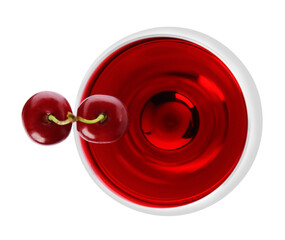 Delicious cherry wine with ripe juicy berries isolated on white, top view