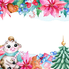 Watercolor christmas frame, christmas border, background