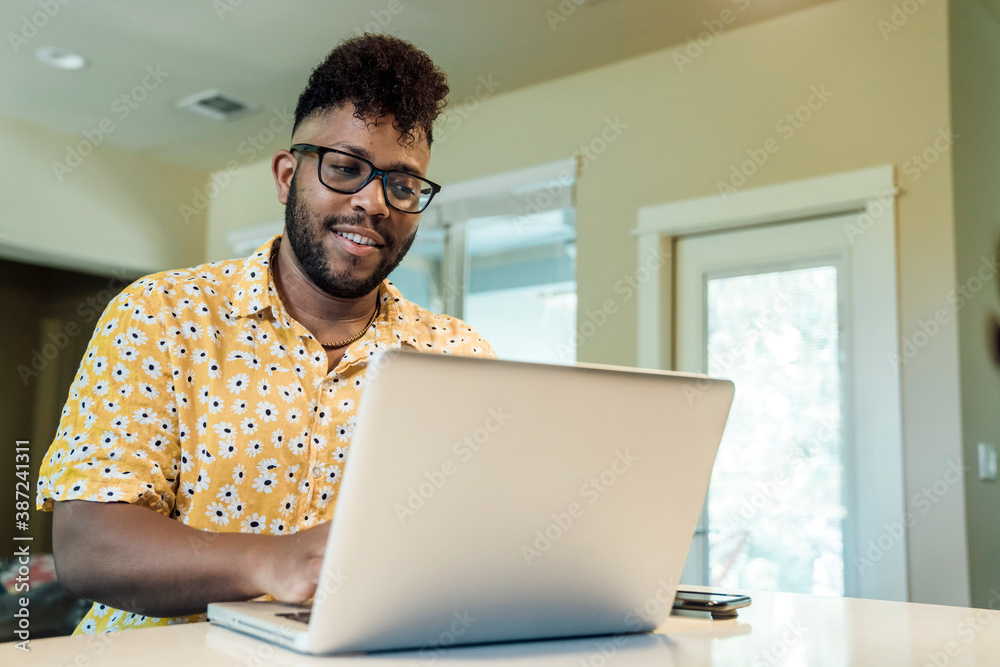 Wall mural smiling man working from home on laptop computer