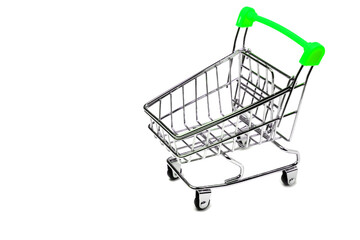 Empty shopping cart with green handle isolated on white background, buy and sell concept.