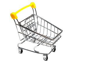 Empty shopping cart with yellow handle isolated on white background, buy and sell concept.