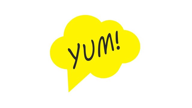 Yum word. Printable graphic tee. Design doodle for print. Colorful. Cartoon hand drawn calligraphy style. Yellow Black and white	