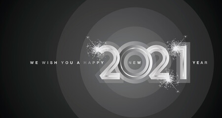 We wish You Happy New Year 2021 firework silver modern design numbers glass color shining black color greeting card