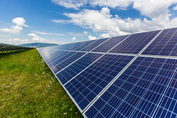 Aerial view of Solar panel, photovoltaic, alternative electricity source - concept of sustainable resources on a sunny day