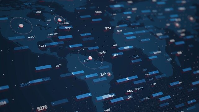 Business illustration of world statistics with floating global data on world map background with active regions. Financial update statistics. High resolution background with trading counters