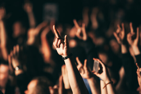 Devil's Horns At A Rock Concert. Heavy metal rock sign. 