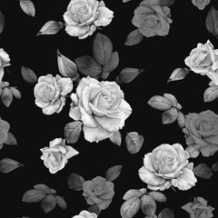Monochrome floral seamless pattern with watercolor white roses - 387244935