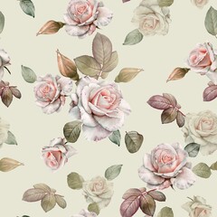 Floral seamless pattern with watercolor white roses - 387244962