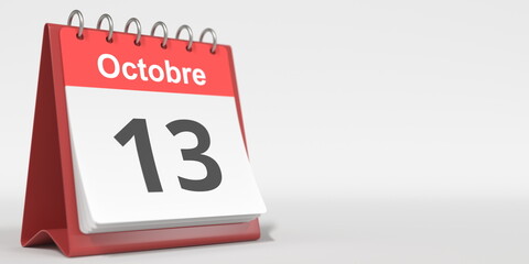 October 13 date written in French on the flip calendar page, 3d rendering