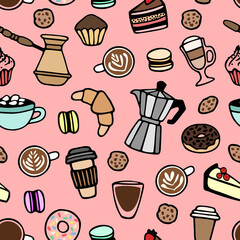 Vector seamless pattern with different coffee and dessert elements. Cute hand drawn design for wrapping paper, wallpaper, textile