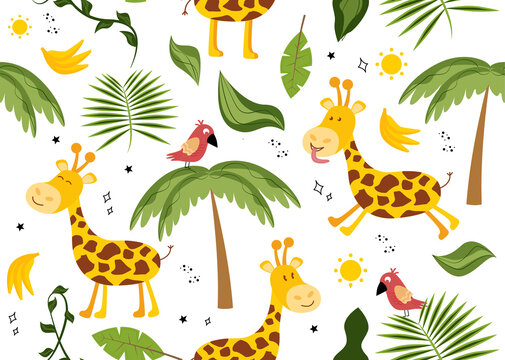 Seamless pattern with a giraffe. Vector illustration with animal giraffe, palm tree, sun, bananas