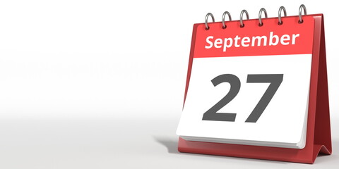 September 27 date on the flip calendar page, 3d rendering