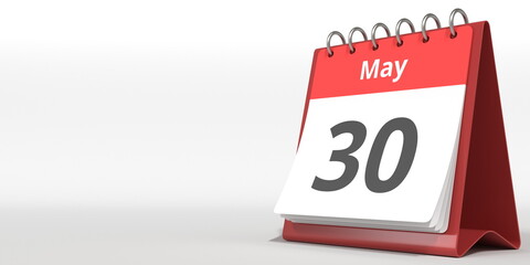 May 30 date on the flip calendar page, 3d rendering