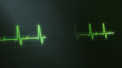 Green colored heart rate or heart beat line. Cardiogram signal monitoring. Isolated on black. Patient's vital signs. EKG, ECG curve. Pulse measuring. Medical Cardiological illustration. Life support