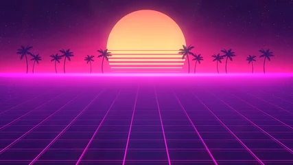  Retro wave horizon landscape illustration. Bright glowing neon laser lights. Synthwave wireframe net. Palm trees on the background. Sunset on the beach. 80s, 90s style. Retro Futurism. 3D Render © SquareMotion
