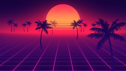 Retro wave horizon landscape illustration. Bright glowing neon lights. Synthwave wireframe net. Palm trees on front. Sunset on beach. 80s, 90s style. Retro Futurism Background. 3D Render. Perspective