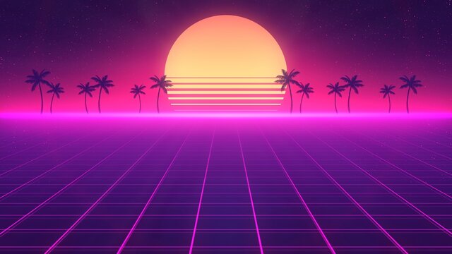Retro wave horizon landscape illustration. Bright glowing neon laser lights. Synthwave wireframe net. Palm trees on the background. Sunset on the beach. 80s, 90s style. Retro Futurism. 3D Render