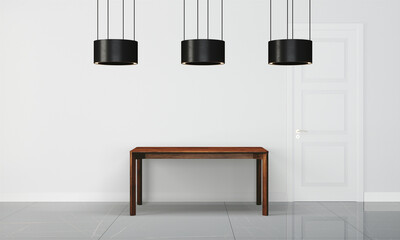 Modern workspace with desk and lamp in minimalistic interior