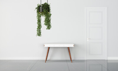 Modern workspace with desk and lamp in minimalistic interior