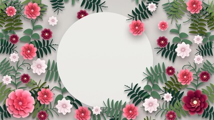 Pink colored Flower frame radial composition. White circle in the middle. Green leaves and flowers arrangement. Bright and fresh floral pattern. 3D Render. Spring, Summer herbal template illustration